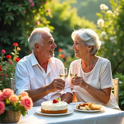 Couple d'une soixantaine d'années fêtant leur anniversaire de mariage